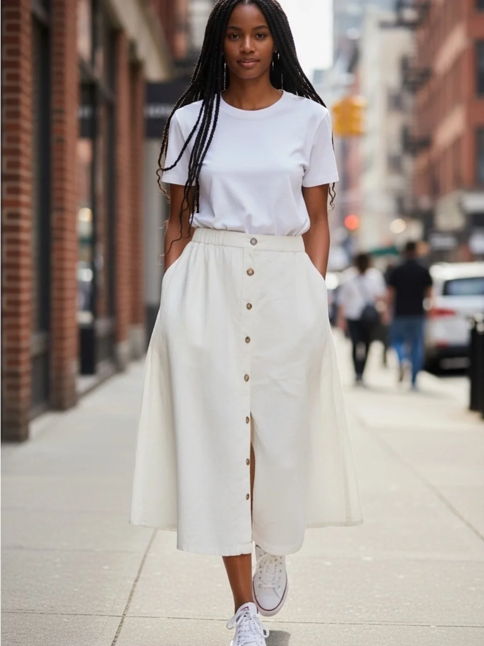Emily Daniels Button Up Midi Skirt Womens XL White Pockets Linen Blend Lagenlook